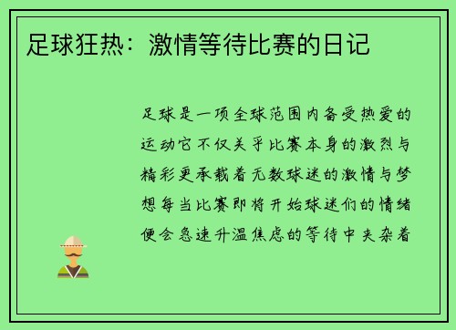 足球狂热：激情等待比赛的日记
