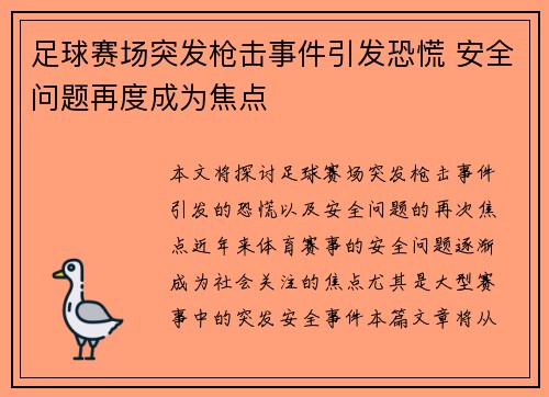 足球赛场突发枪击事件引发恐慌 安全问题再度成为焦点