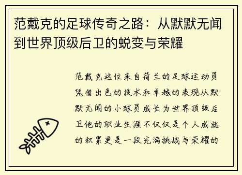 范戴克的足球传奇之路：从默默无闻到世界顶级后卫的蜕变与荣耀