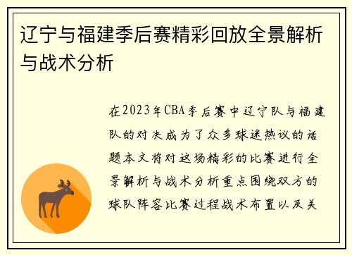 辽宁与福建季后赛精彩回放全景解析与战术分析