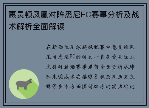 惠灵顿凤凰对阵悉尼FC赛事分析及战术解析全面解读