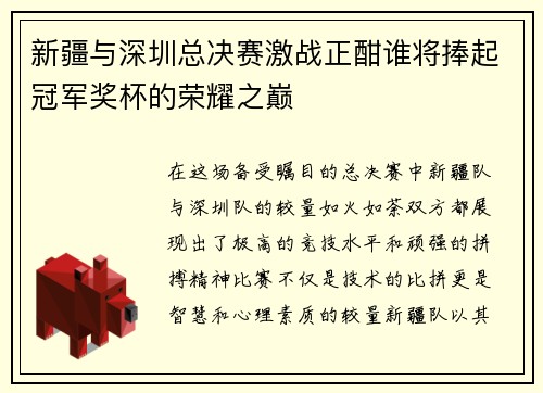 新疆与深圳总决赛激战正酣谁将捧起冠军奖杯的荣耀之巅