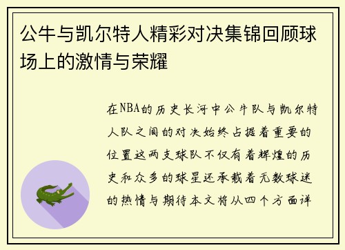 公牛与凯尔特人精彩对决集锦回顾球场上的激情与荣耀