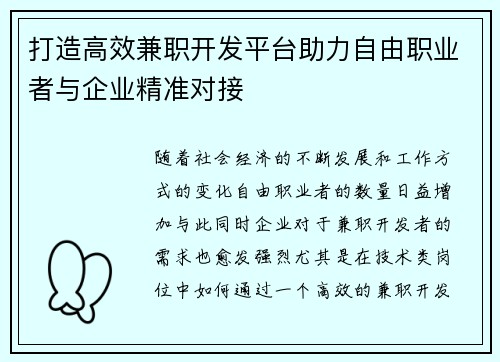 打造高效兼职开发平台助力自由职业者与企业精准对接