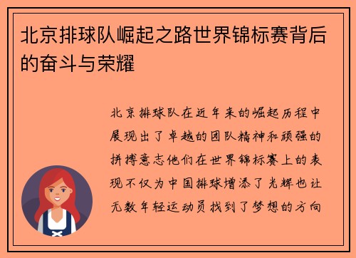 北京排球队崛起之路世界锦标赛背后的奋斗与荣耀