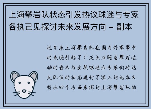 上海攀岩队状态引发热议球迷与专家各执己见探讨未来发展方向 - 副本