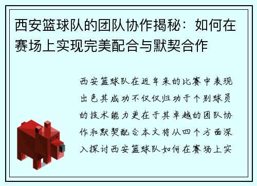 西安篮球队的团队协作揭秘：如何在赛场上实现完美配合与默契合作